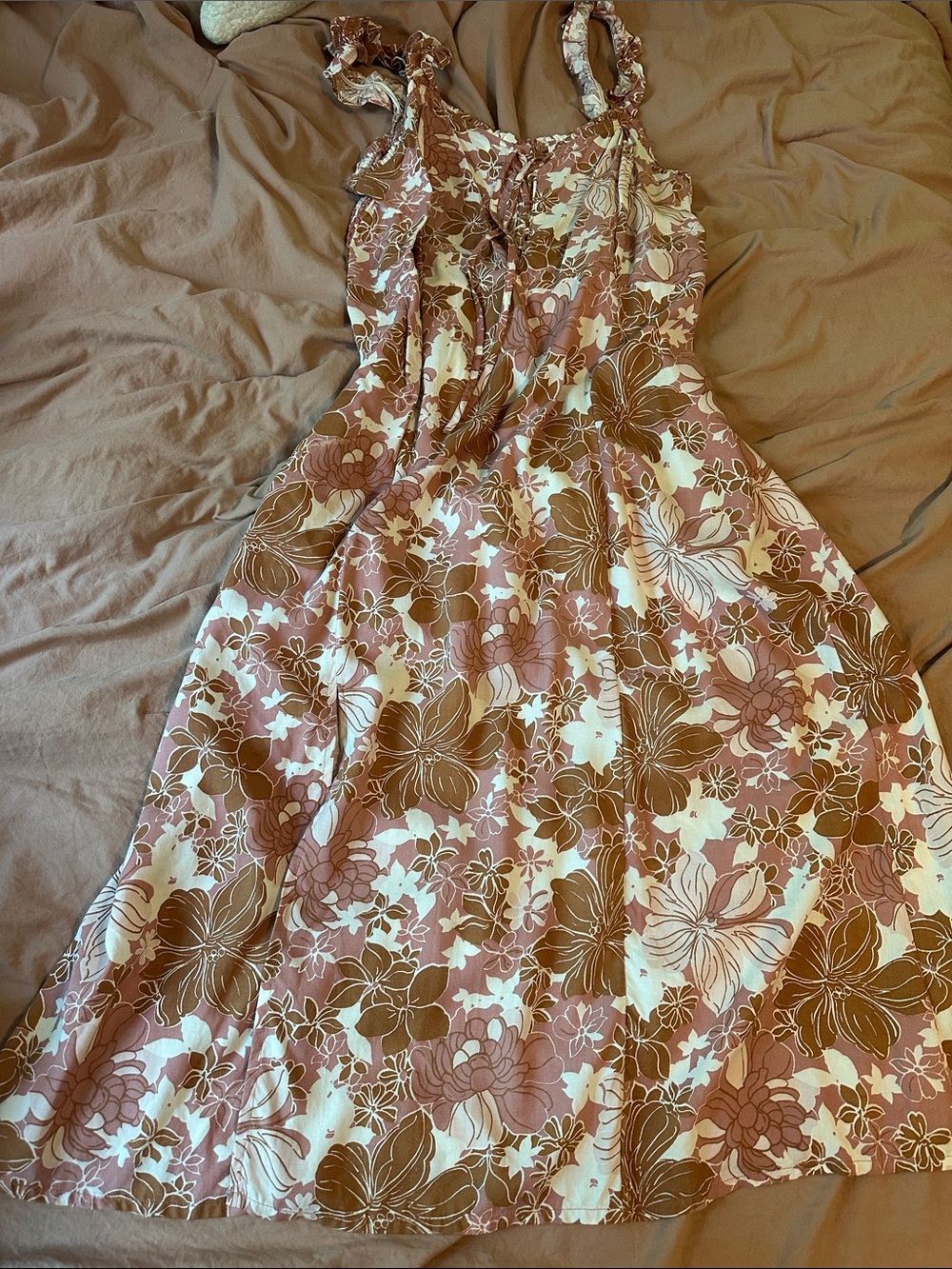 Sincerely Jules Brown & Cream Floral Tie-Shoulder Midi Dress